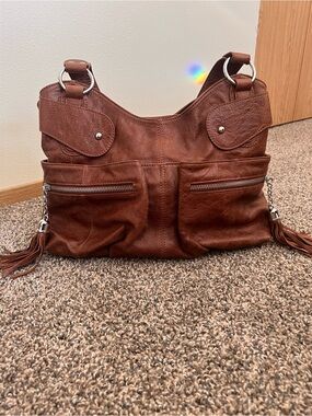 Everyday Brown Leather Shoulder Bag with Tassel Zips